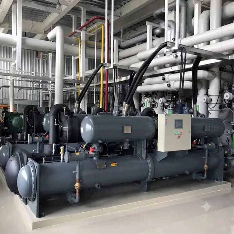 Commercial chiller plant with piping and control panel